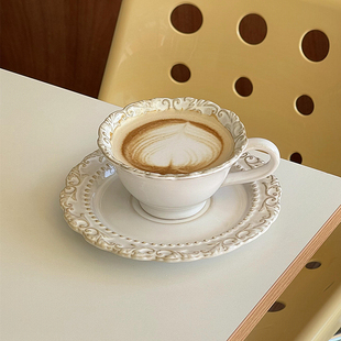 法式浪漫浮雕咖啡杯碟ins风下午茶拉花拿铁杯陶瓷早餐燕麦牛奶杯