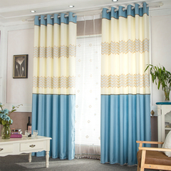 定制卧室客厅成品蓝色窗帘半遮光绣花简约风格短帘落地窗飘窗包邮