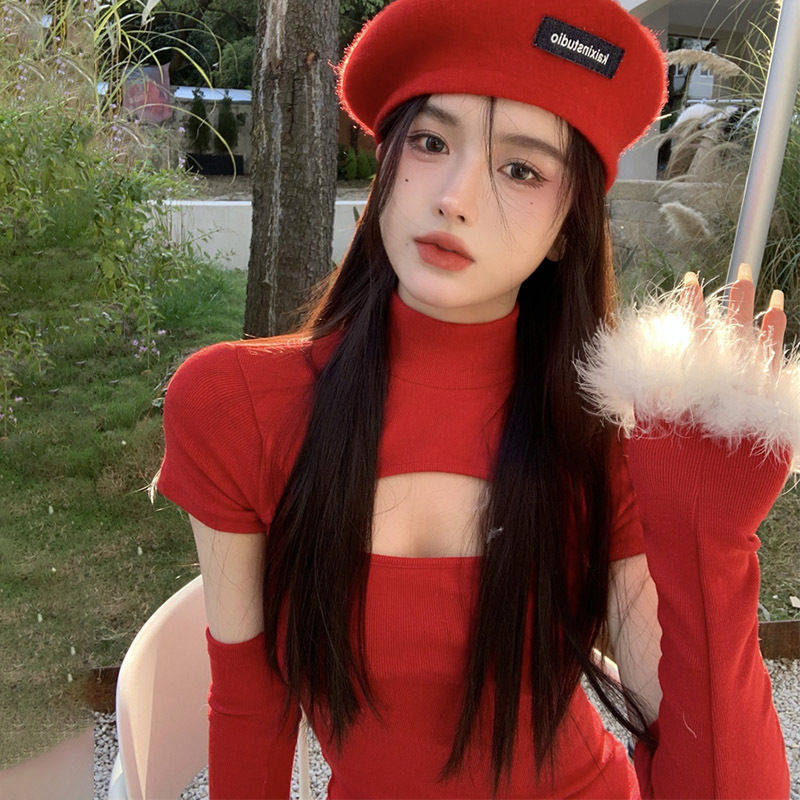 纯欲新年圣诞红色连衣裙女秋冬2021新款辣妹性感镂空紧身包臀短裙