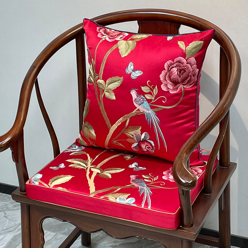 中式圈椅坐垫红木圈椅花鸟刺绣垫子红木餐椅座垫官帽椅椰棕座垫