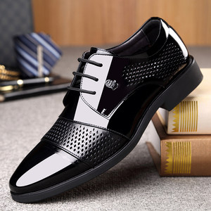 夏天皮鞋男内增高真皮系鞋带亮面尖头英伦洞洞鞋黑色正式场合男鞋