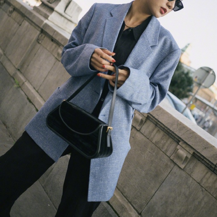 【HSU】savi同款savislook tot蓝紫色亚麻混纺双排扣宽松西装外套