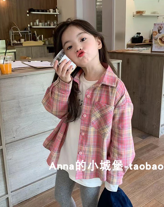 2024春款女童韩版休闲长袖衬衫宝宝儿童粉色格子纯棉上衣外套洋气