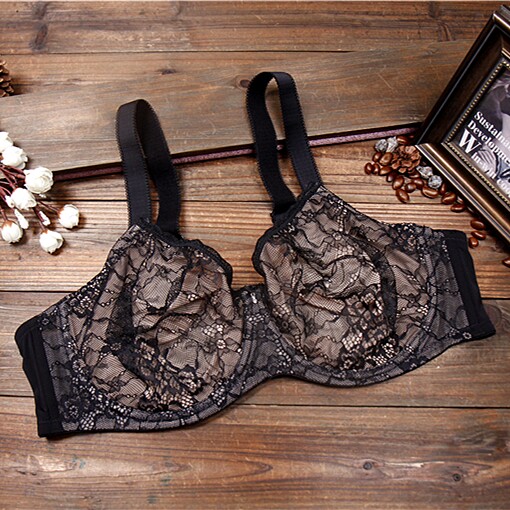 c1欧美大码性感女内衣黑色蕾丝诱惑胸罩全罩杯超薄文胸70d90c100c