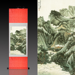 国画山水画聚财卷轴挂画谢稚柳山水画家居生活馆装饰画风水丝绸画