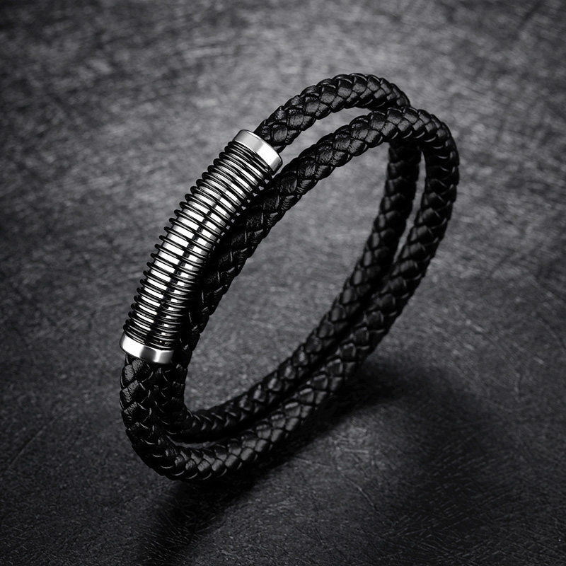 日韩复古钛钢黑色皮手链双层磁扣手环配饰个性潮人百搭送男友礼物