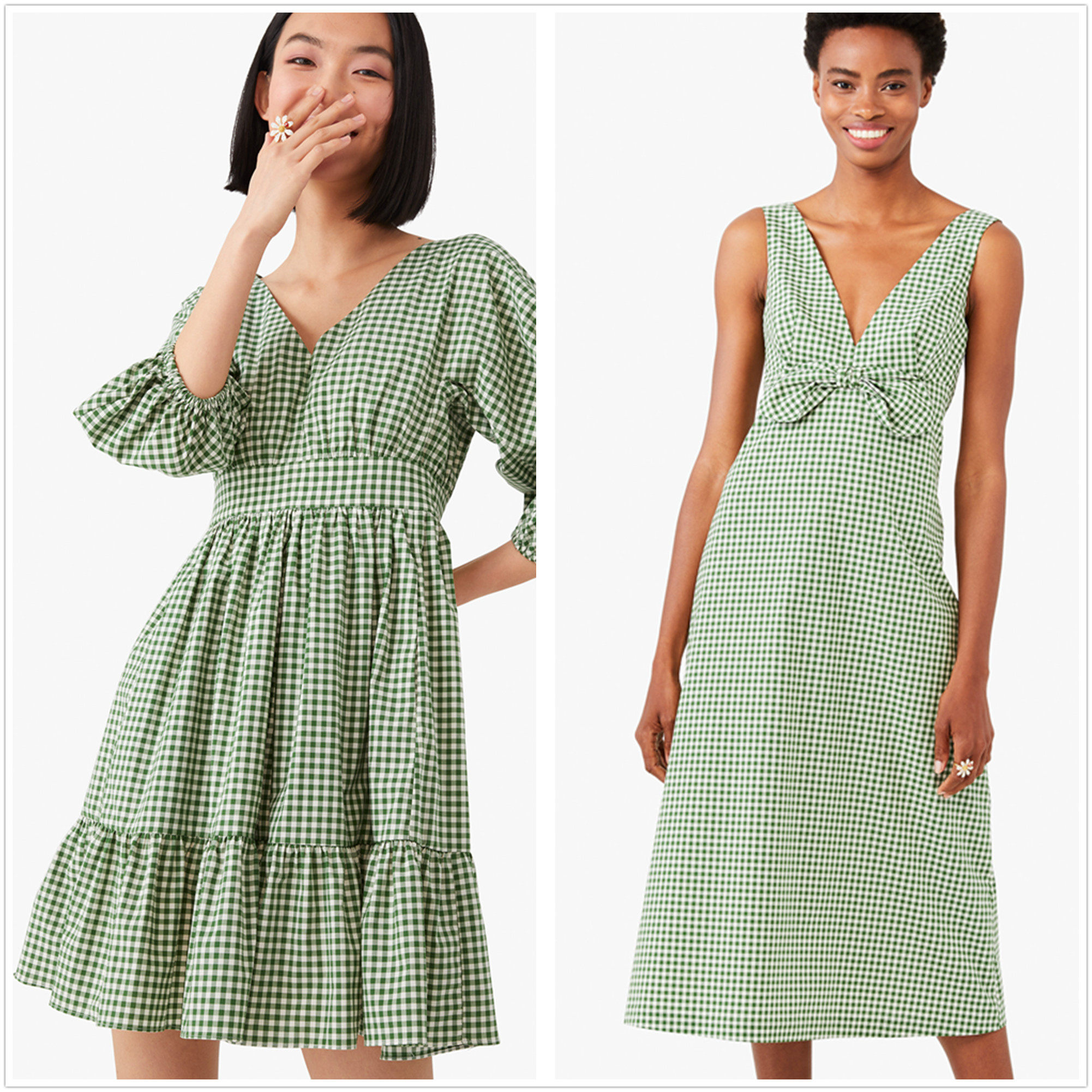 活动42折起kate spade美国官网迷你格纹绿色蝴蝶结束腰v领连衣裙