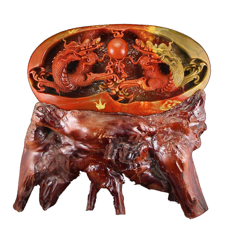 5520克寿山石精雕双龙戏珠摆件