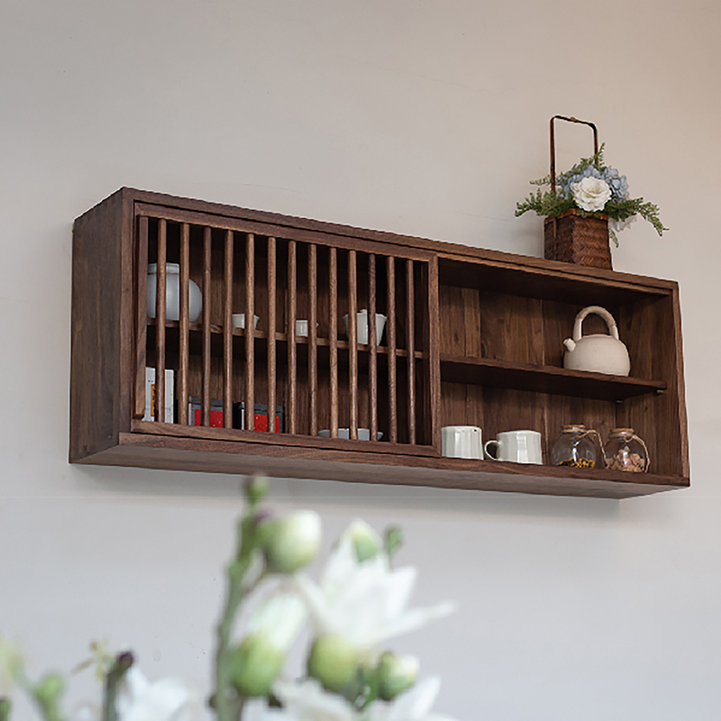 实木挂墙储物柜黑胡桃木吊柜新中式禅意壁柜厨房简约电视柜