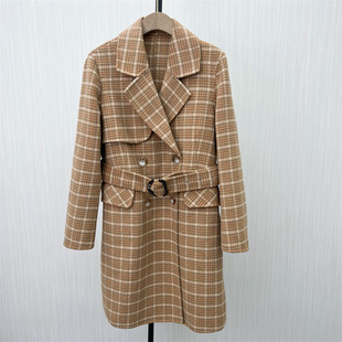 欧●2023冬装新品 格纹呢子大衣女中长款气质绵羊毛西装领外套593
