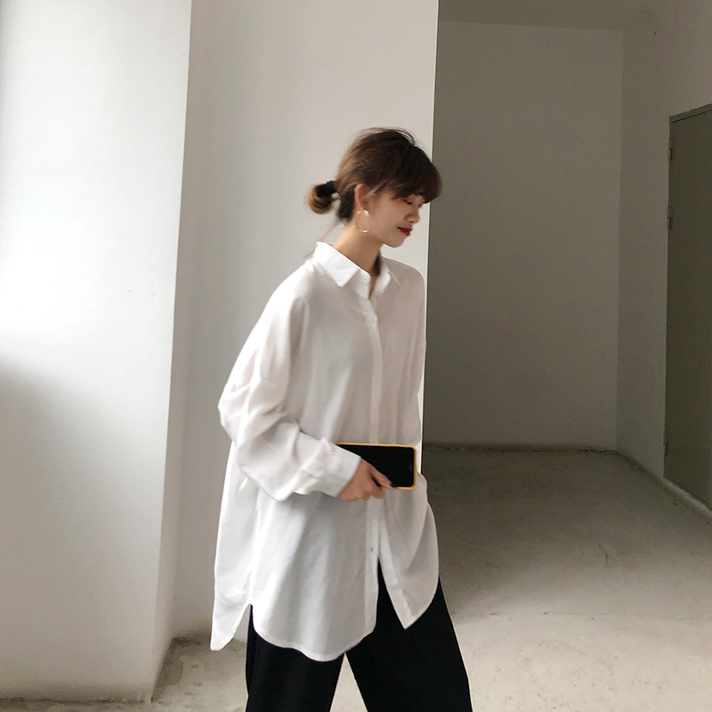 花田橱窗Q060衬衣防晒衫2019新款秋女长袖宽松休闲中长款白色衬衫|ruв категории Женская одежда, рубашка - от Buy2taobao.com для оказания профессиональной услуги покупки агента Taobao