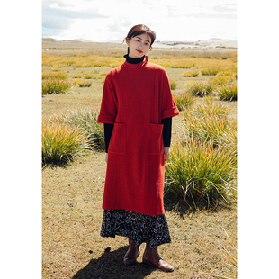 绽放666朵/秋冬丹红色小立领七分袖宽克夫卷边羊毛混纺针织连衣裙