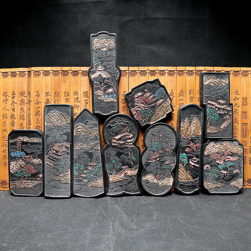 《西湖十景套墨》老物件文房四宝徽墨 安徽老墨锭墨块墨条松烟墨