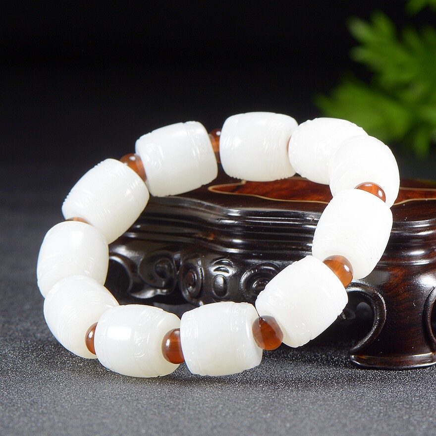 中国玉石雕刻大师陈冠军 和田玉羊脂白玉 旗鼓喧天 手串 手链72克