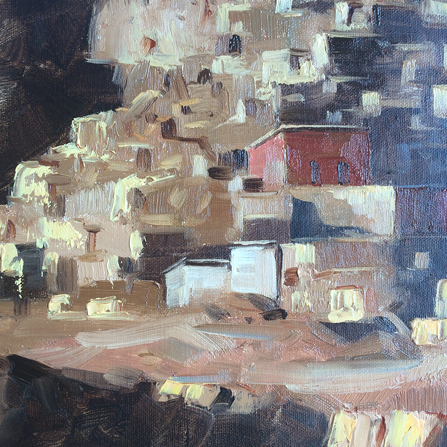 梁星丹《山腰上的红房子》写实油画