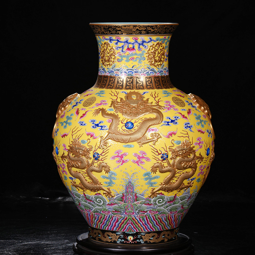 阳士琦手绘仿古花瓶瓷胎纯金打造九龙黄金尊中式摆件景德镇陶瓷器