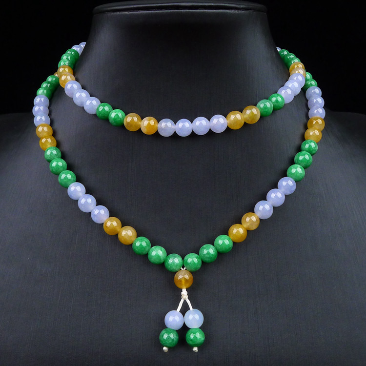 【玉韵珠宝】天然缅甸a货翡翠三彩圆珠项链老坑冰糯种62.70g