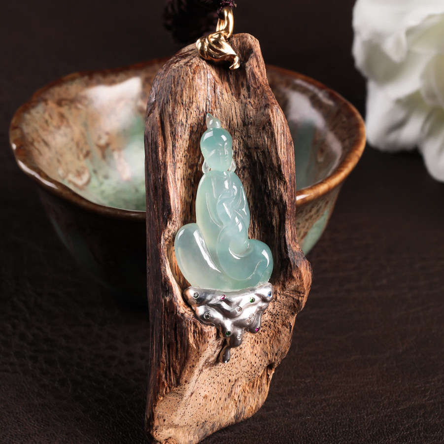 【源头好货-四会】18k金沉香镶嵌无相佛吊坠14.09克