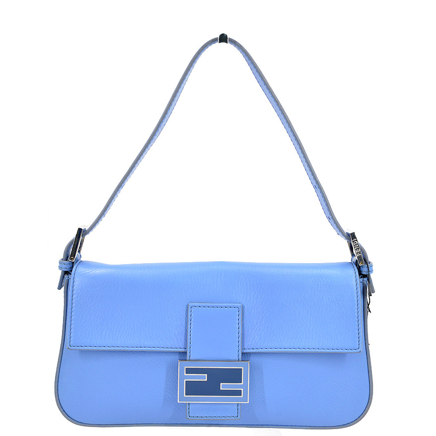 [9.8新][中检]芬迪fendi女士baguette系列蓝色长款牛皮手提包