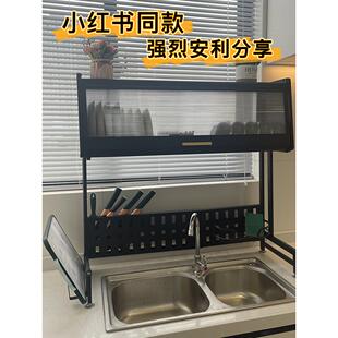 水槽上方沥水架厨房洗碗池上的置碗盘架不锈钢碗碟架水池伸缩带盖