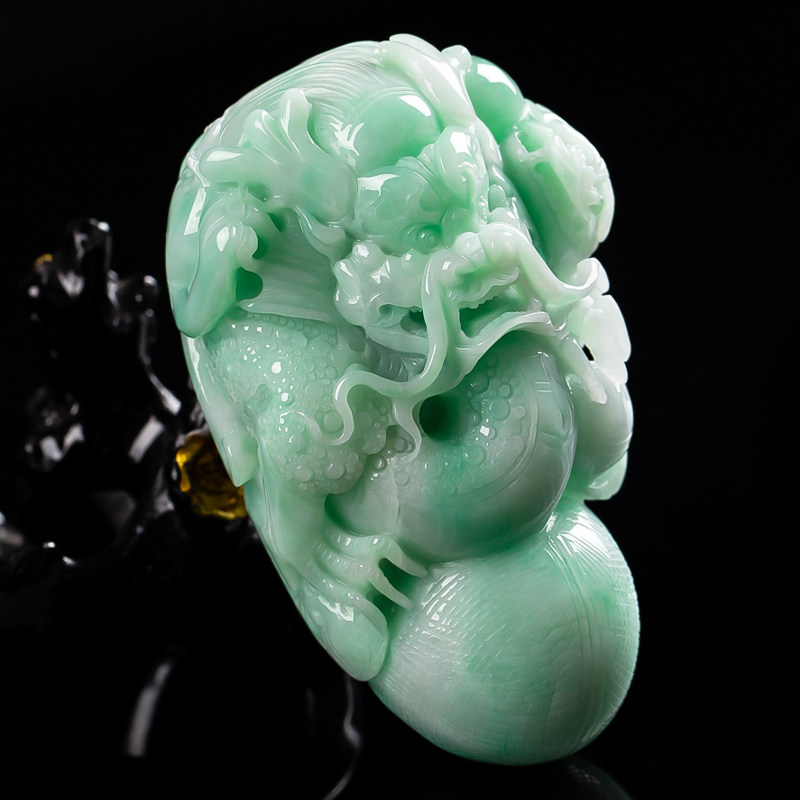 【源头好货-四会】好货纯天然翡翠a货精雕望子成龙龙手把件340克