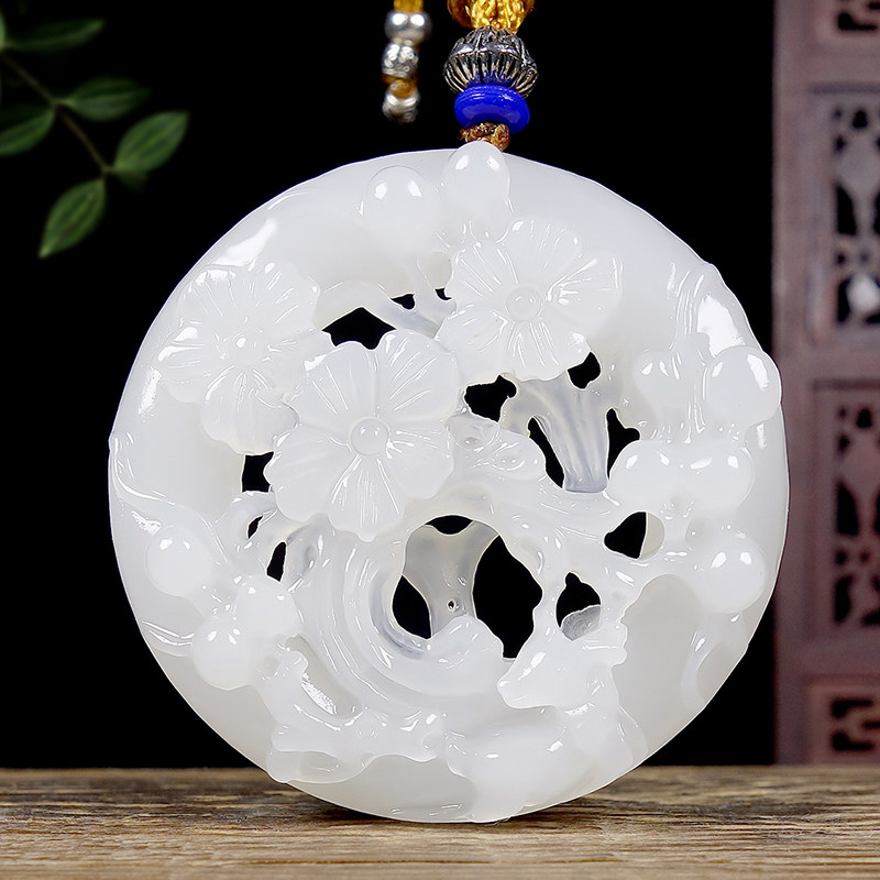 寓意喜上眉梢 羊脂白玉老料 和田玉 吊坠 挂件 镂空雕刻38.7783克