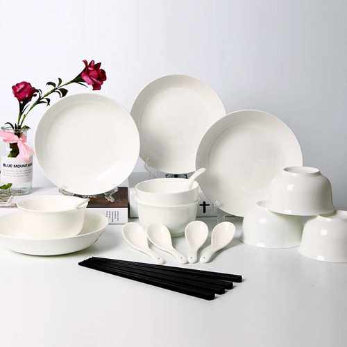 敏杨 碗碟套装骨瓷餐具套装微波炉碗盘碟骨质白瓷纯白22只_不打折现价