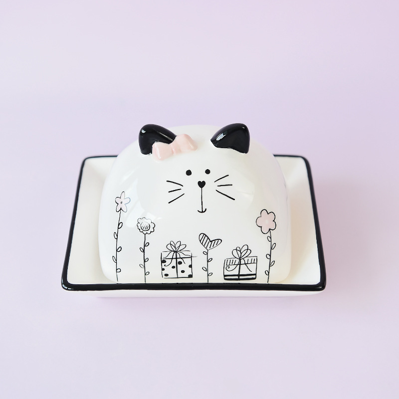 法国浪漫可爱猫咪卡通欧美黑白陶瓷黄油蝶厨房收纳盒家居茶具装饰