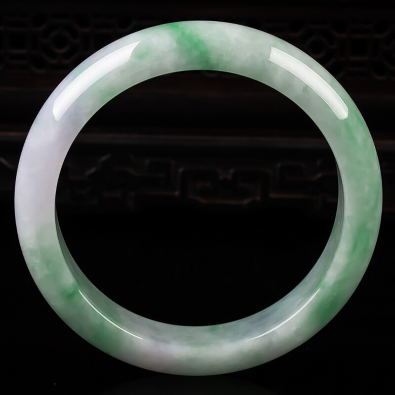 翡翠玉拍卖 圈口:55mm天然a货翡翠冰糯种春带彩正圈手镯 57.06g