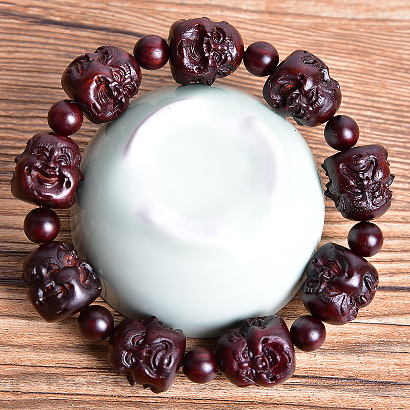 印度小叶紫檀四面佛喜怒哀乐雕刻佛珠手串18mm木雕文玩收藏工艺品