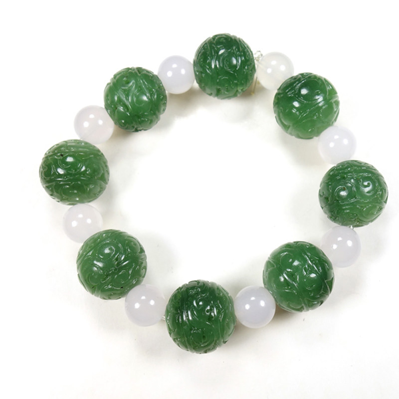 【寓意:如意回纹珠】和田玉碧玉仿古纹手串 重75.28克