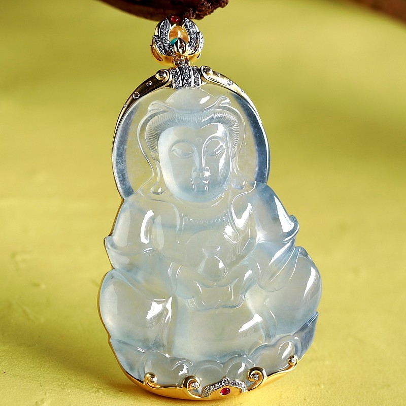 源头好货四会余良宝大师翡翠a货18k金镶高冰种吊坠观音39.30克拍
