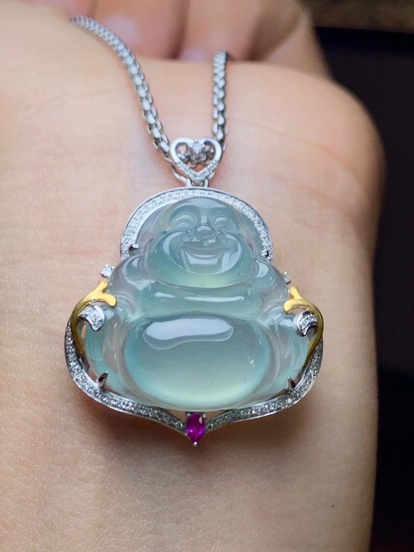正品玉石缅甸天然翡翠a货18k金豪华镶嵌高冰种起光饱满玉佛公吊坠