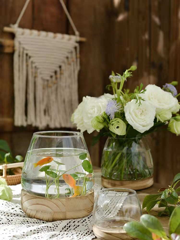 创意花瓶透明玻璃插花水养植物木底托生态迷你小鱼缸生态草缸台面
