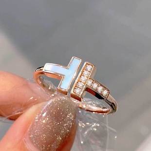 双T白贝母开口戒指女18K玫瑰金不掉色小众设计镶钻时尚高级感指环