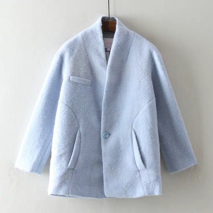 拉夏贝尔品牌女装秋冬装浅蓝色立领短款长袖羊毛呢大衣外套