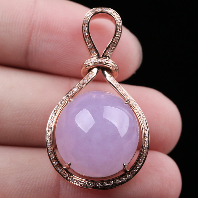高端奢华 18k金伴钻镶a货翡翠水润紫罗兰戒面吊坠-8.24g
