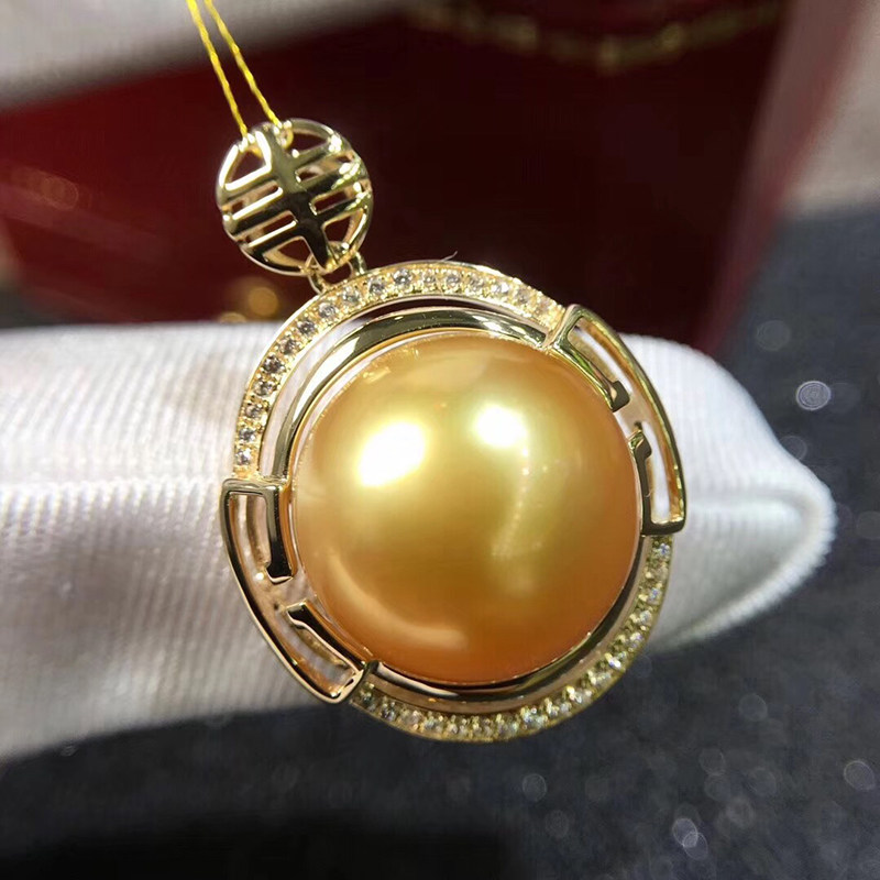 大颗粒13-14mm南洋海水金珍珠吊坠 18k金镶嵌 无暇 高品质 浓金色