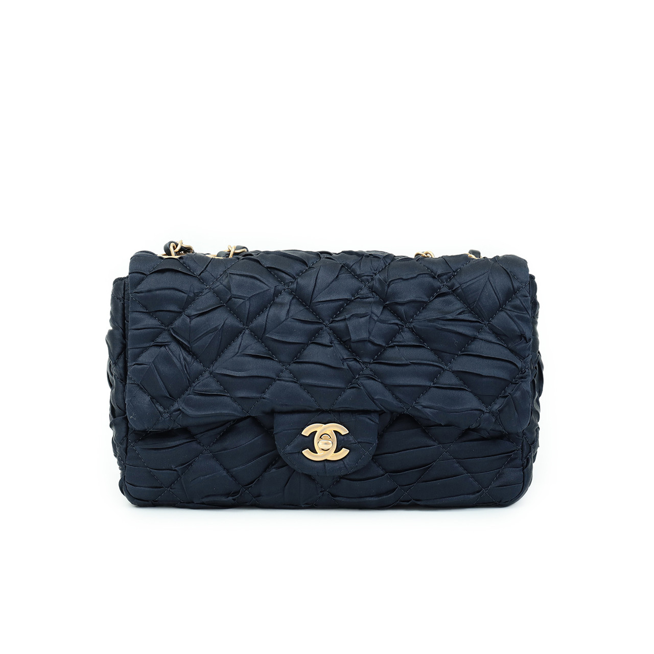 【9.5新】香奈儿女士墨蓝色蓝丝绸菱格纹金扣单肩包36813 - 拍卖