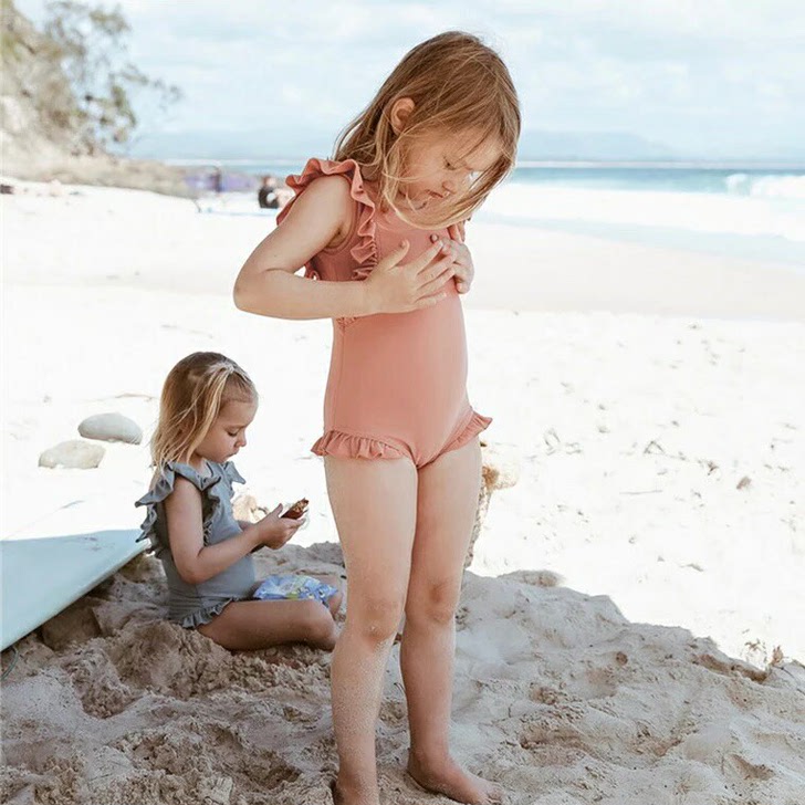 儿童泳衣女孩宝宝公主袖纯色连体防晒泳衣速干泳池