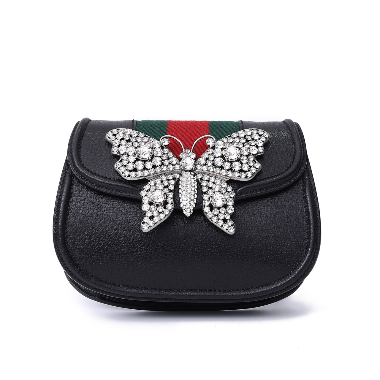 [9.9新]古驰gucci女士黑色水钻蝴蝶条纹宽肩带马蹄包26946