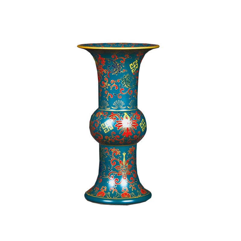 捡漏 景德镇仿古墨蓝加彩小号花箍瓶865