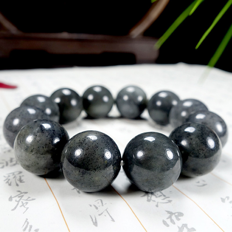 18mm和田玉青花墨玉手链重108.47克