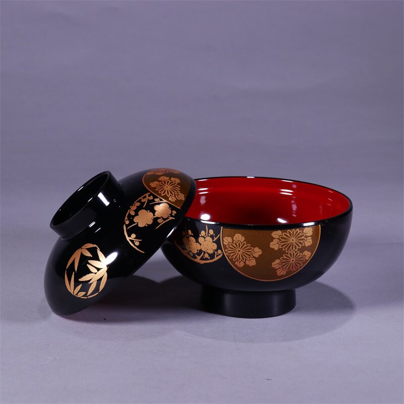 【日本回流-漆器】会津涂黑漆描金花盖碗盏5套趣味收藏摆件q3833