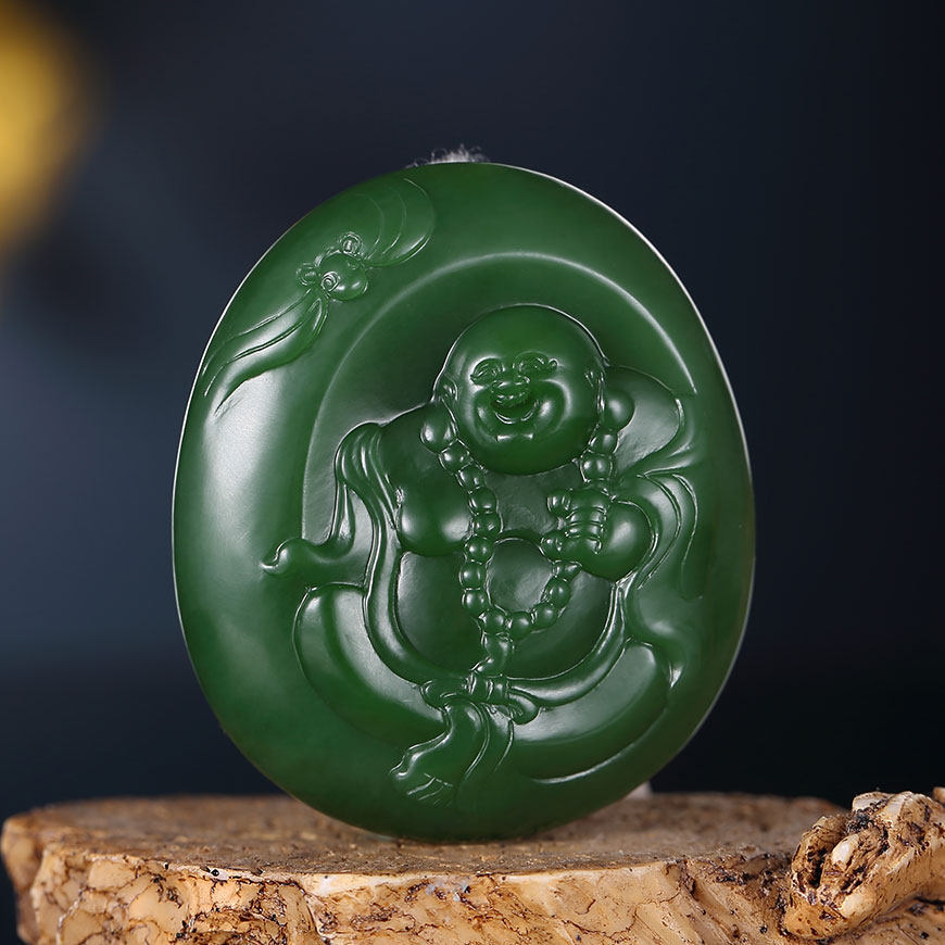省级玉雕大师任翀作品和田玉碧玉菠菜绿弥勒佛公男女款把件60克g1