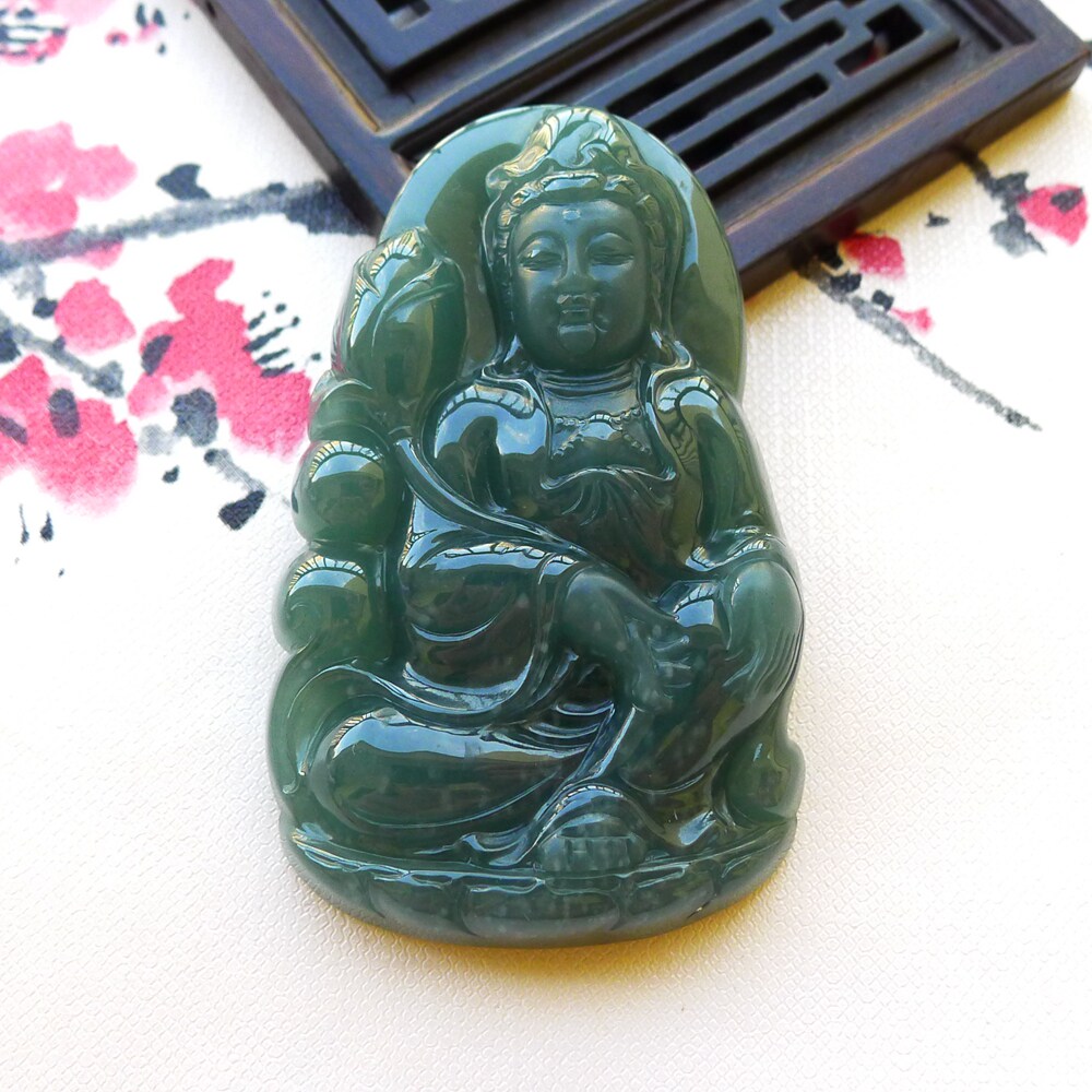 玉韵拍卖天然a货老坑冰糯种翡翠蓝水磨砂观音菩萨吊坠51.88g