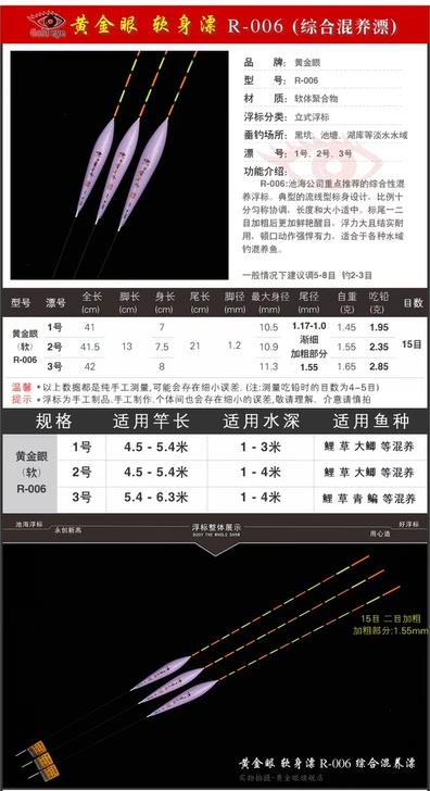 黄金眼软身漂R006,1号，吃铅1.95