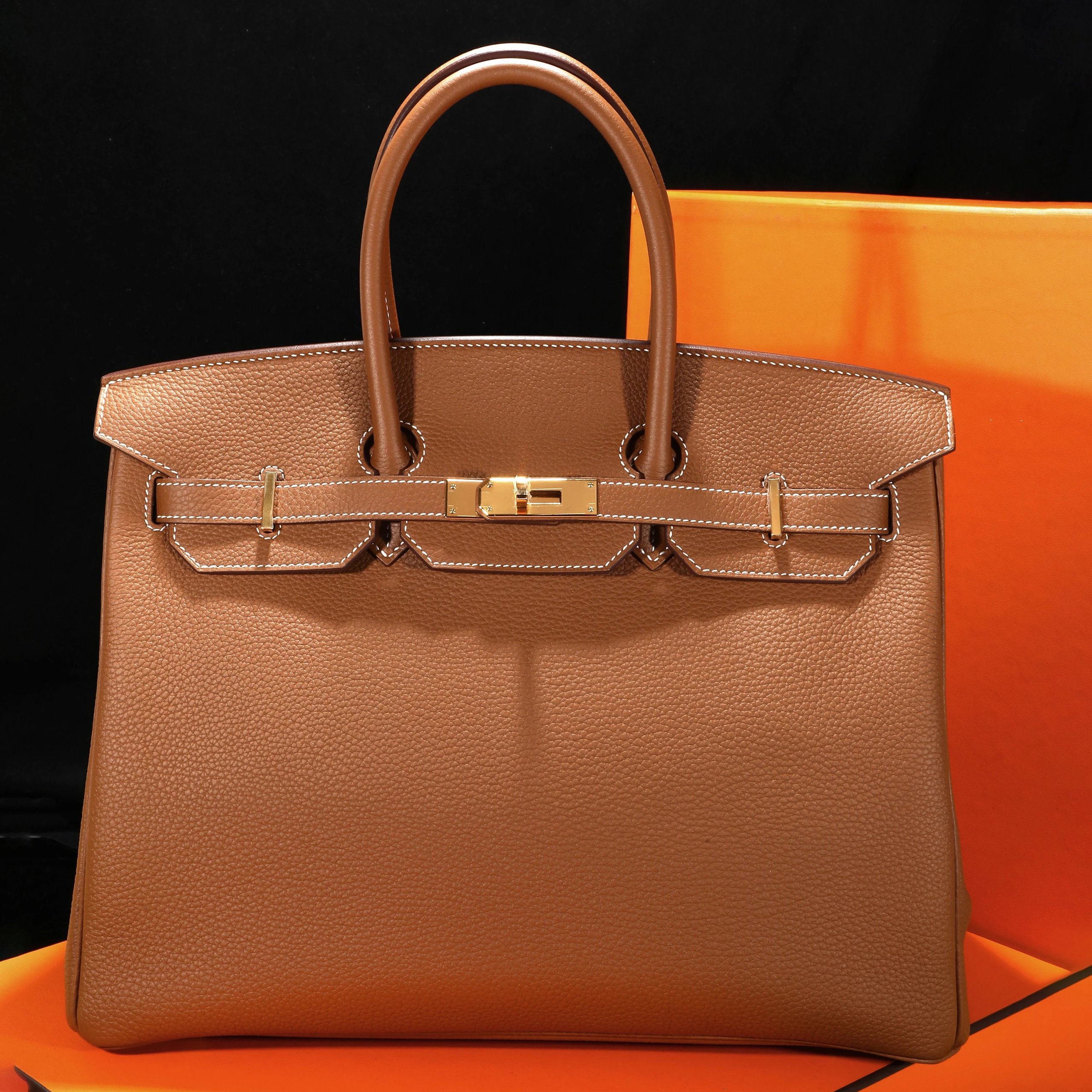 全新hermes/爱马仕新款c刻birkin35金棕色togo皮金扣外缝手提女包