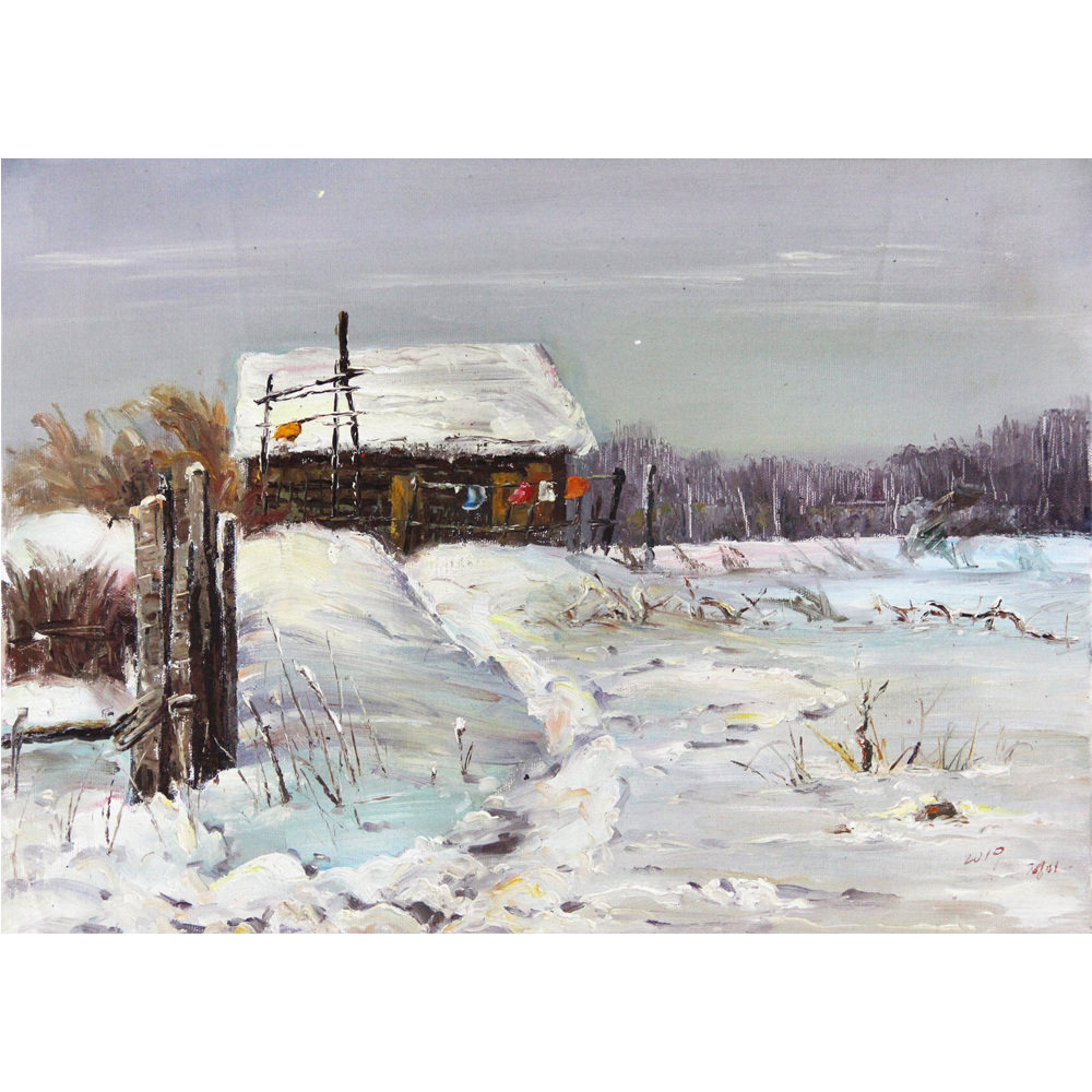 朝鲜一级艺术家 郑民《雪》白虎创作社 c2663 风景油画 装饰收藏