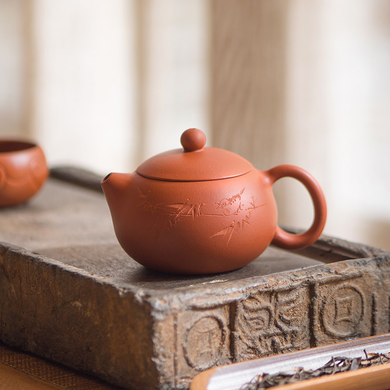 速拍 西施刻竹史德中手工原矿朱泥宜兴紫砂壶